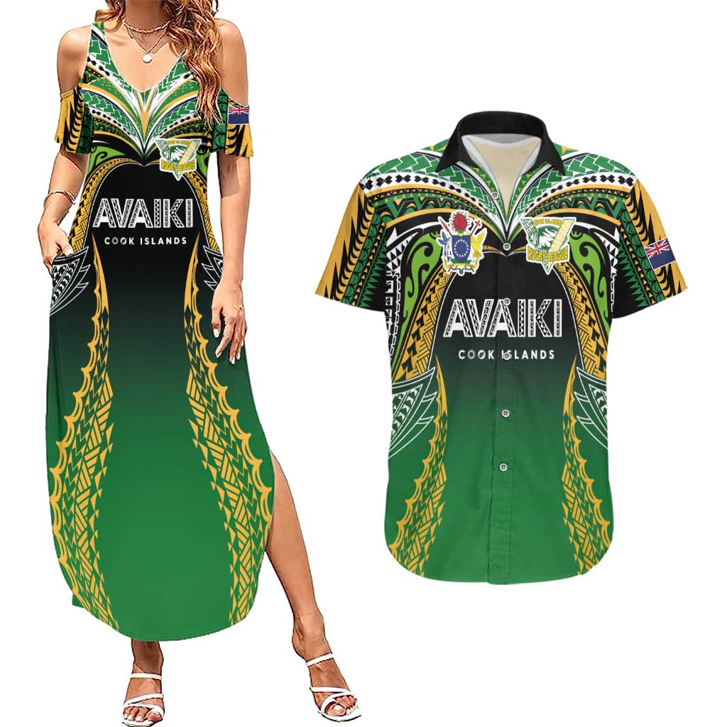 Custom Cook Islands Rugby League Couples Matching Summer Maxi Dress and Hawaiian Shirt Avaiki Tatau Tribal Motifs Black Color - Aussie Hoodie