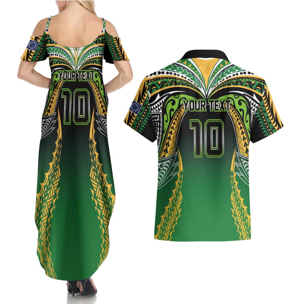 Custom Cook Islands Rugby League Couples Matching Summer Maxi Dress and Hawaiian Shirt Avaiki Tatau Tribal Motifs Black Color - Aussie Hoodie