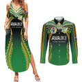 Custom Cook Islands Rugby League Couples Matching Summer Maxi Dress and Long Sleeve Button Shirt Avaiki Tatau Tribal Motifs Black Color - Aussie Hoodie