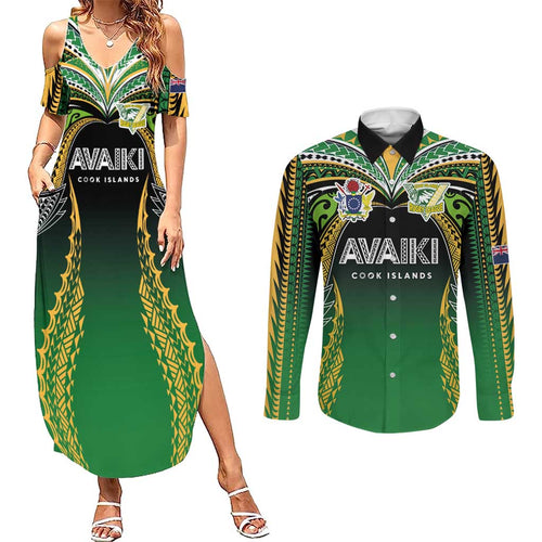 Custom Cook Islands Rugby League Couples Matching Summer Maxi Dress and Long Sleeve Button Shirt Avaiki Tatau Tribal Motifs Black Color - Aussie Hoodie