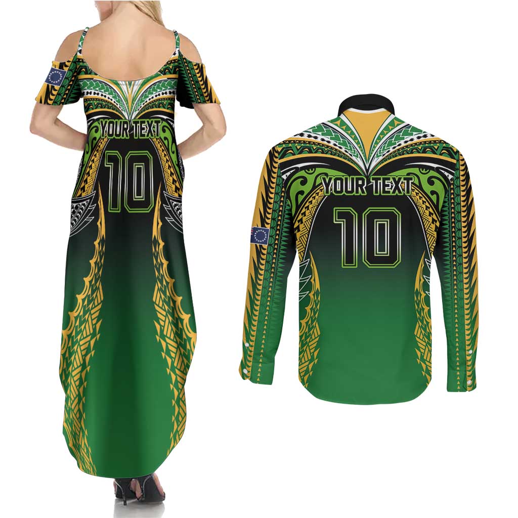 Custom Cook Islands Rugby League Couples Matching Summer Maxi Dress and Long Sleeve Button Shirt Avaiki Tatau Tribal Motifs Black Color - Aussie Hoodie