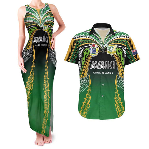 Custom Cook Islands Rugby League Couples Matching Tank Maxi Dress and Hawaiian Shirt Avaiki Tatau Tribal Motifs Black Color - Aussie Hoodie