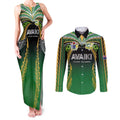 Custom Cook Islands Rugby League Couples Matching Tank Maxi Dress and Long Sleeve Button Shirt Avaiki Tatau Tribal Motifs Black Color - Aussie Hoodie