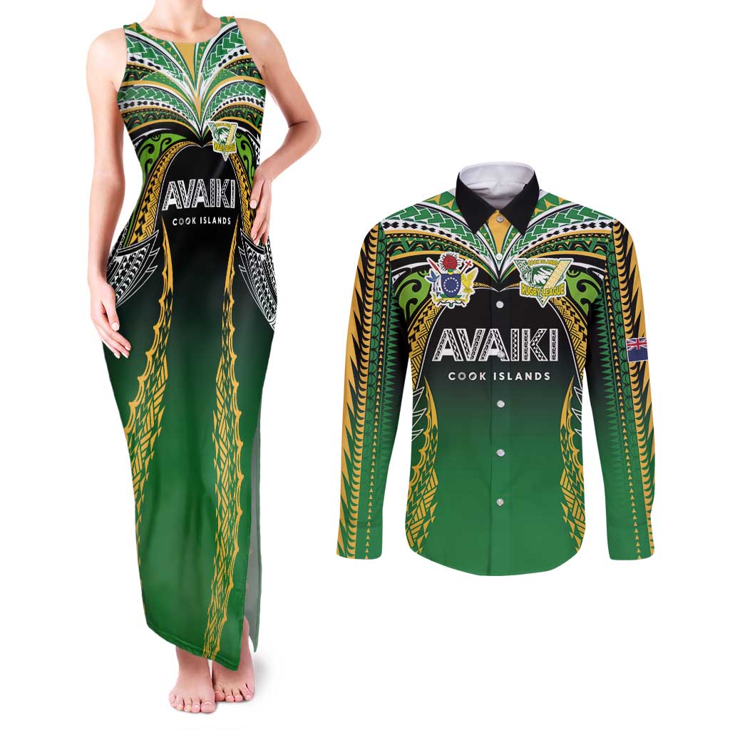 Custom Cook Islands Rugby League Couples Matching Tank Maxi Dress and Long Sleeve Button Shirt Avaiki Tatau Tribal Motifs Black Color - Aussie Hoodie