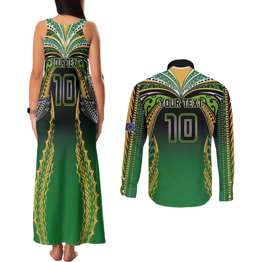 Custom Cook Islands Rugby League Couples Matching Tank Maxi Dress and Long Sleeve Button Shirt Avaiki Tatau Tribal Motifs Black Color - Aussie Hoodie