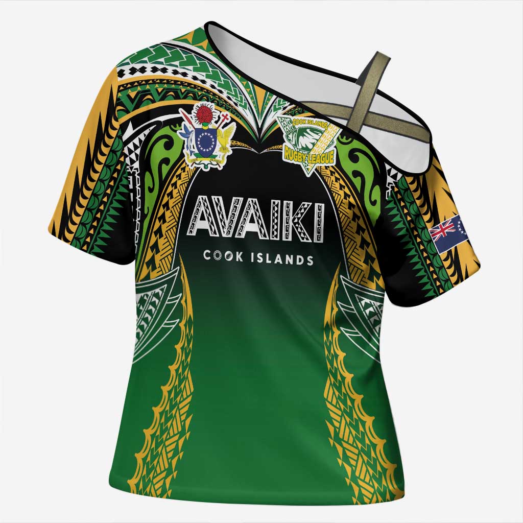 Custom Cook Islands Rugby League Cross Shoulder Shirt Avaiki Tatau Tribal Motifs Black Color - Aussie Hoodie