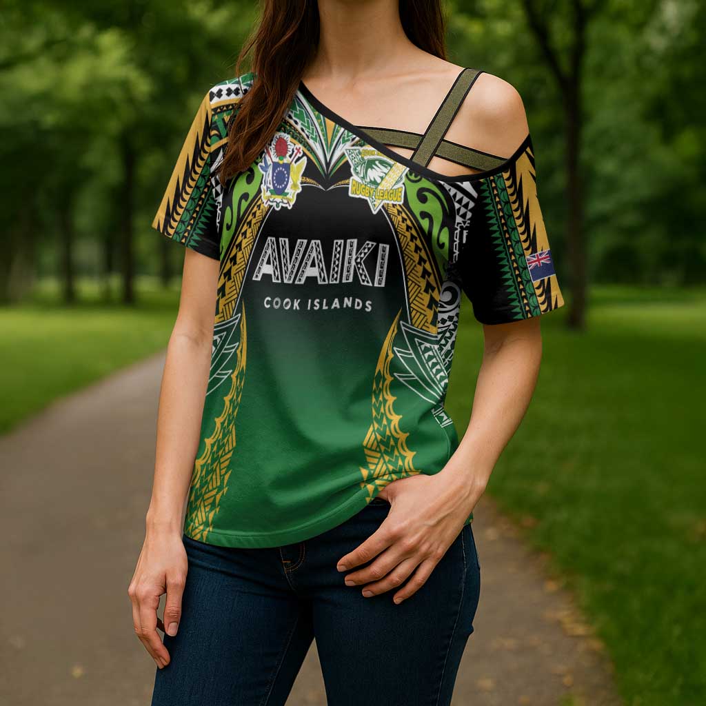 Custom Cook Islands Rugby League Cross Shoulder Shirt Avaiki Tatau Tribal Motifs Black Color - Aussie Hoodie