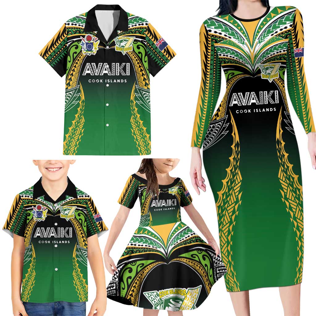Custom Cook Islands Rugby League Family Matching Long Sleeve Bodycon Dress and Hawaiian Shirt Avaiki Tatau Tribal Motifs Black Color - Aussie Hoodie