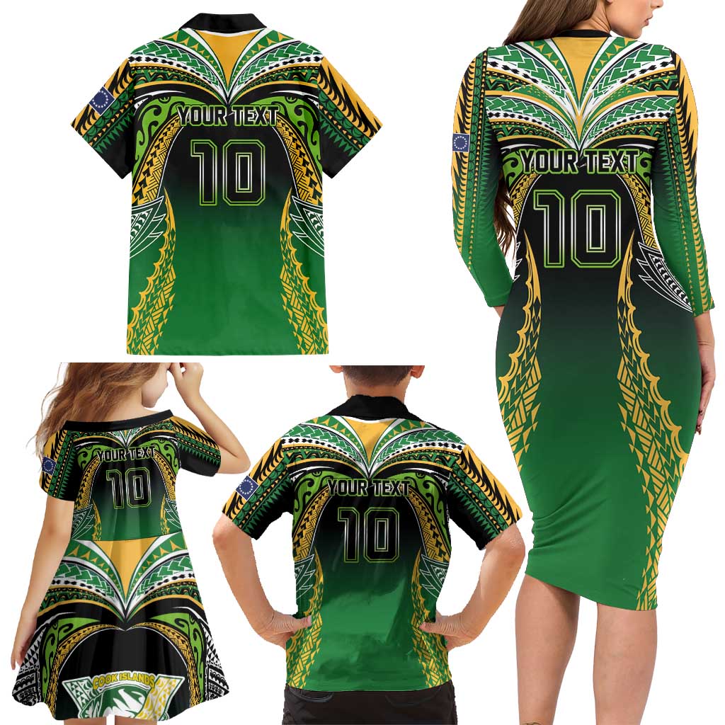 Custom Cook Islands Rugby League Family Matching Long Sleeve Bodycon Dress and Hawaiian Shirt Avaiki Tatau Tribal Motifs Black Color - Aussie Hoodie