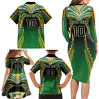 Custom Cook Islands Rugby League Family Matching Long Sleeve Bodycon Dress and Hawaiian Shirt Avaiki Tatau Tribal Motifs Black Color - Aussie Hoodie