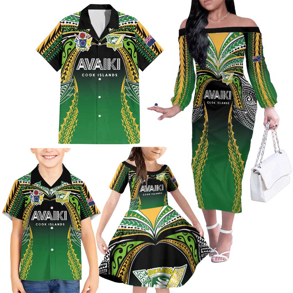 Custom Cook Islands Rugby League Family Matching Off The Shoulder Long Sleeve Dress and Hawaiian Shirt Avaiki Tatau Tribal Motifs Black Color - Aussie Hoodie