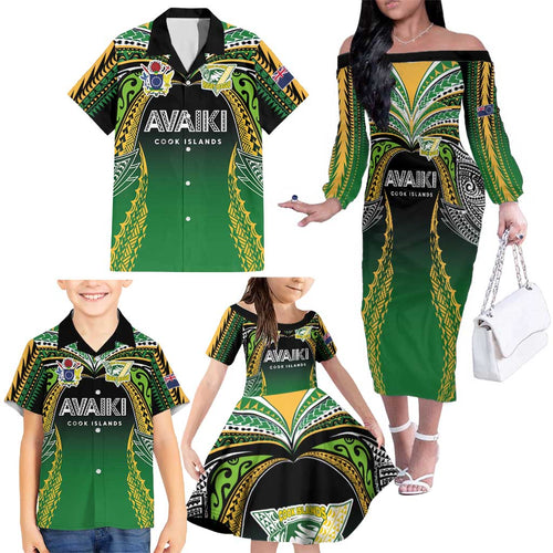 Custom Cook Islands Rugby League Family Matching Off The Shoulder Long Sleeve Dress and Hawaiian Shirt Avaiki Tatau Tribal Motifs Black Color - Aussie Hoodie