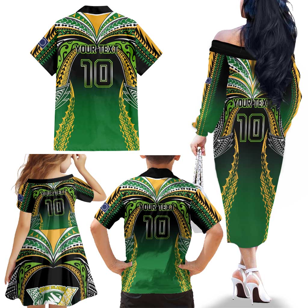 Custom Cook Islands Rugby League Family Matching Off The Shoulder Long Sleeve Dress and Hawaiian Shirt Avaiki Tatau Tribal Motifs Black Color - Aussie Hoodie