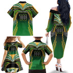 Custom Cook Islands Rugby League Family Matching Off The Shoulder Long Sleeve Dress and Hawaiian Shirt Avaiki Tatau Tribal Motifs Black Color - Aussie Hoodie