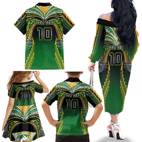 Custom Cook Islands Rugby League Family Matching Off The Shoulder Long Sleeve Dress and Hawaiian Shirt Avaiki Tatau Tribal Motifs Black Color - Aussie Hoodie
