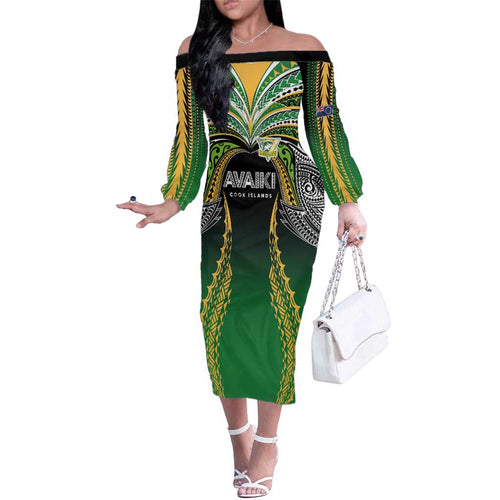Custom Cook Islands Rugby League Family Matching Off The Shoulder Long Sleeve Dress and Hawaiian Shirt Avaiki Tatau Tribal Motifs Black Color - Aussie Hoodie