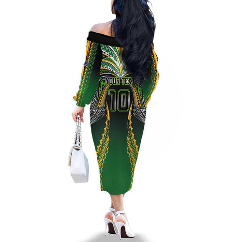 Custom Cook Islands Rugby League Family Matching Off The Shoulder Long Sleeve Dress and Hawaiian Shirt Avaiki Tatau Tribal Motifs Black Color - Aussie Hoodie