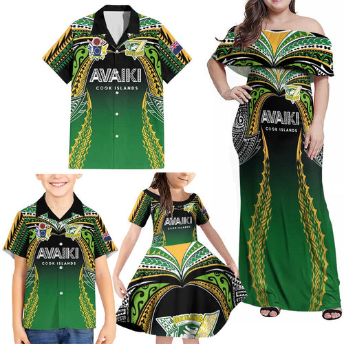 Custom Cook Islands Rugby League Family Matching Off Shoulder Maxi Dress and Hawaiian Shirt Avaiki Tatau Tribal Motifs Black Color - Aussie Hoodie