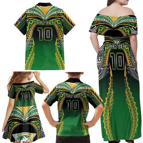 Custom Cook Islands Rugby League Family Matching Off Shoulder Maxi Dress and Hawaiian Shirt Avaiki Tatau Tribal Motifs Black Color - Aussie Hoodie