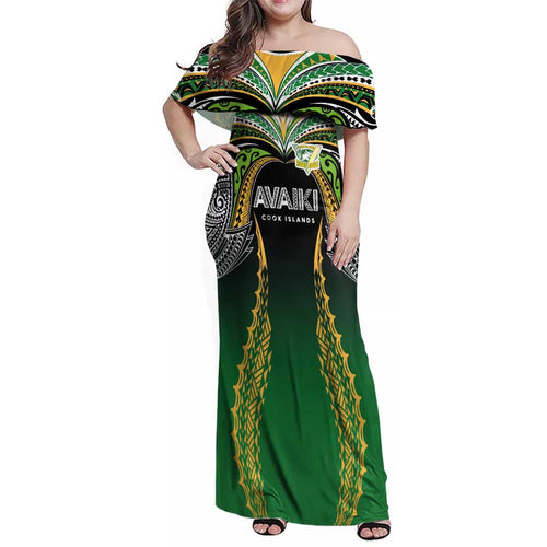 Custom Cook Islands Rugby League Family Matching Off Shoulder Maxi Dress and Hawaiian Shirt Avaiki Tatau Tribal Motifs Black Color - Aussie Hoodie