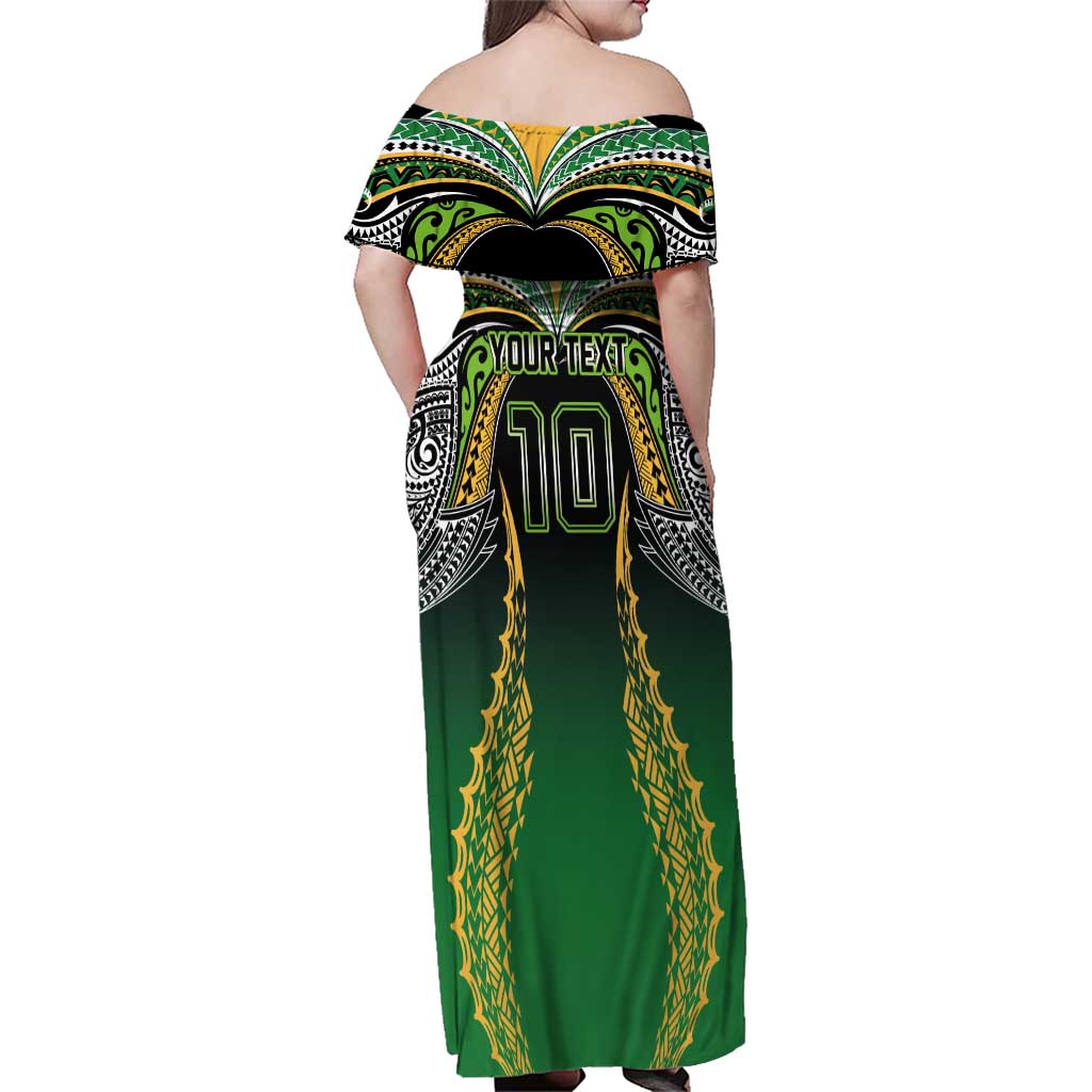 Custom Cook Islands Rugby League Family Matching Off Shoulder Maxi Dress and Hawaiian Shirt Avaiki Tatau Tribal Motifs Black Color - Aussie Hoodie
