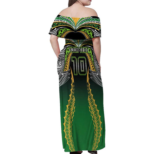 Custom Cook Islands Rugby League Family Matching Off Shoulder Maxi Dress and Hawaiian Shirt Avaiki Tatau Tribal Motifs Black Color - Aussie Hoodie