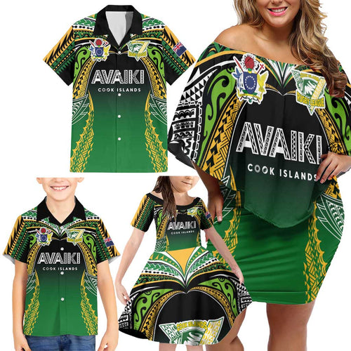 Custom Cook Islands Rugby League Family Matching Off Shoulder Short Dress and Hawaiian Shirt Avaiki Tatau Tribal Motifs Black Color - Aussie Hoodie