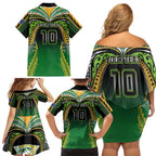 Custom Cook Islands Rugby League Family Matching Off Shoulder Short Dress and Hawaiian Shirt Avaiki Tatau Tribal Motifs Black Color - Aussie Hoodie