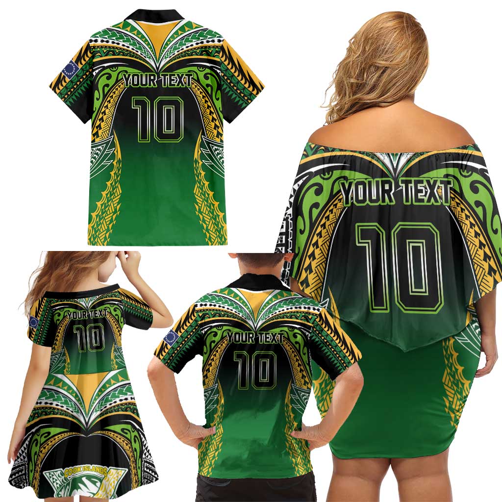 Custom Cook Islands Rugby League Family Matching Off Shoulder Short Dress and Hawaiian Shirt Avaiki Tatau Tribal Motifs Black Color - Aussie Hoodie