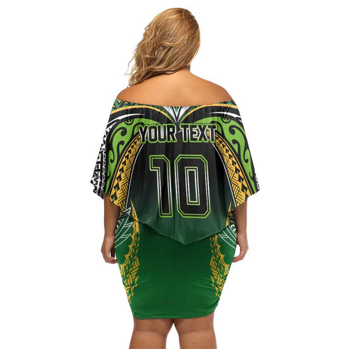 Custom Cook Islands Rugby League Family Matching Off Shoulder Short Dress and Hawaiian Shirt Avaiki Tatau Tribal Motifs Black Color - Aussie Hoodie