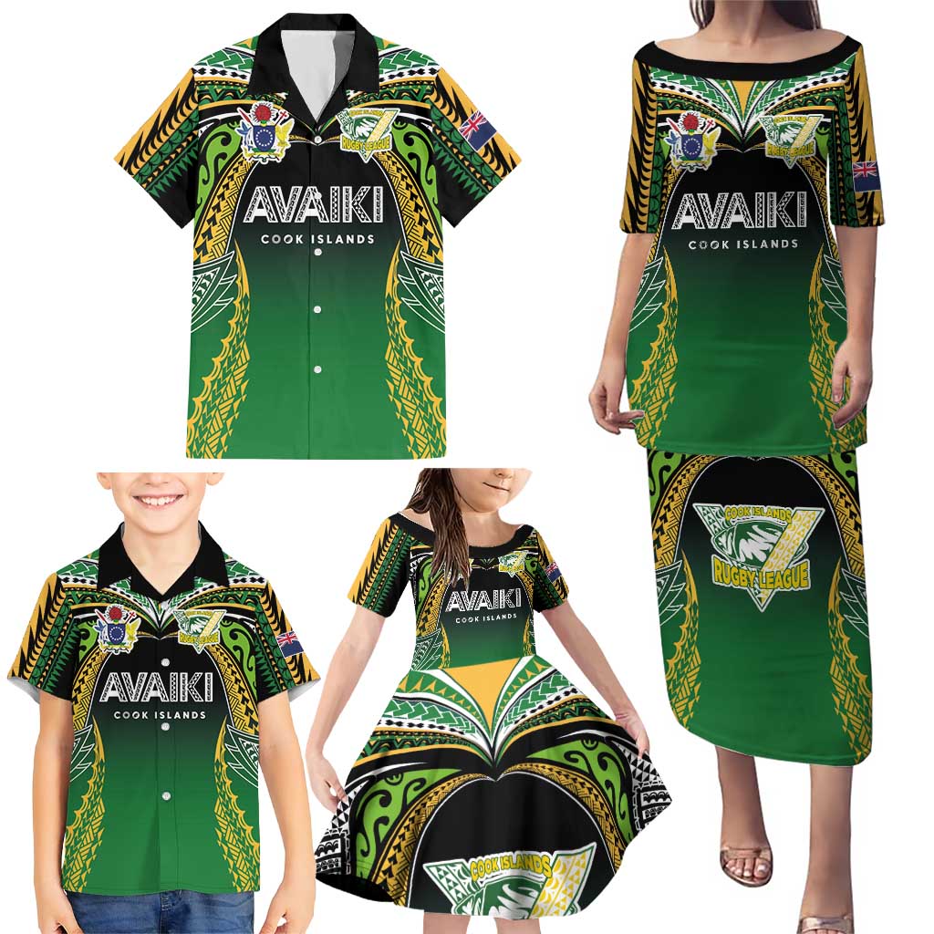 Custom Cook Islands Rugby League Family Matching Puletasi and Hawaiian Shirt Avaiki Tatau Tribal Motifs Black Color - Aussie Hoodie