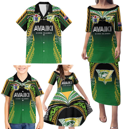 Custom Cook Islands Rugby League Family Matching Puletasi and Hawaiian Shirt Avaiki Tatau Tribal Motifs Black Color - Aussie Hoodie