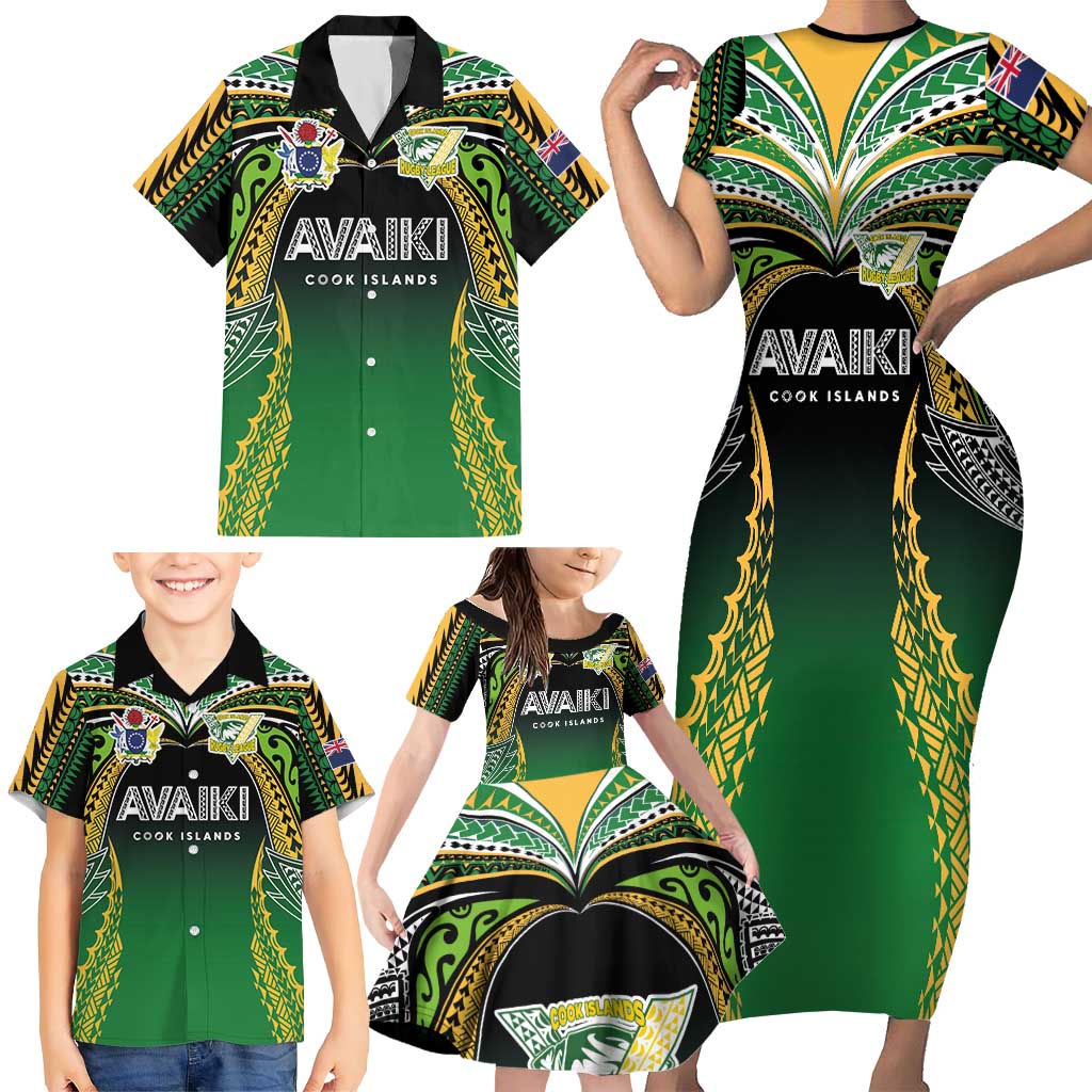Custom Cook Islands Rugby League Family Matching Short Sleeve Bodycon Dress and Hawaiian Shirt Avaiki Tatau Tribal Motifs Black Color - Aussie Hoodie