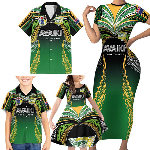 Custom Cook Islands Rugby League Family Matching Short Sleeve Bodycon Dress and Hawaiian Shirt Avaiki Tatau Tribal Motifs Black Color - Aussie Hoodie