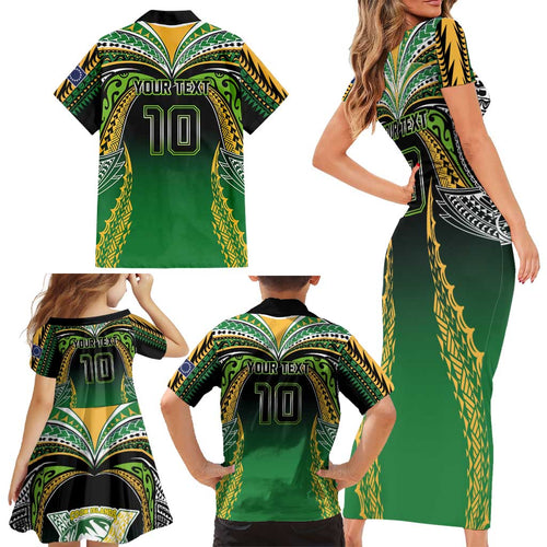 Custom Cook Islands Rugby League Family Matching Short Sleeve Bodycon Dress and Hawaiian Shirt Avaiki Tatau Tribal Motifs Black Color - Aussie Hoodie