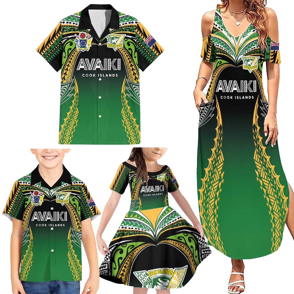 Custom Cook Islands Rugby League Family Matching Summer Maxi Dress and Hawaiian Shirt Avaiki Tatau Tribal Motifs Black Color - Aussie Hoodie