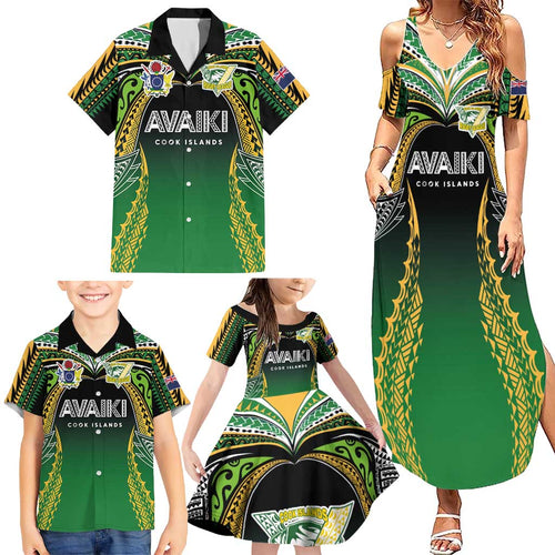 Custom Cook Islands Rugby League Family Matching Summer Maxi Dress and Hawaiian Shirt Avaiki Tatau Tribal Motifs Black Color - Aussie Hoodie