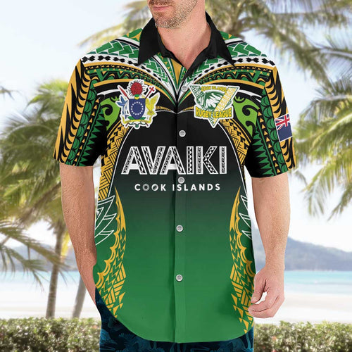 Custom Cook Islands Rugby League Hawaiian Shirt Avaiki Tatau Tribal Motifs Black Color - Aussie Hoodie