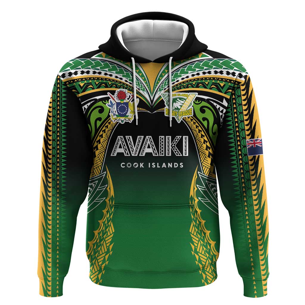 Custom Cook Islands Rugby League Hoodie Avaiki Tatau Tribal Motifs Black Color - Aussie Hoodie