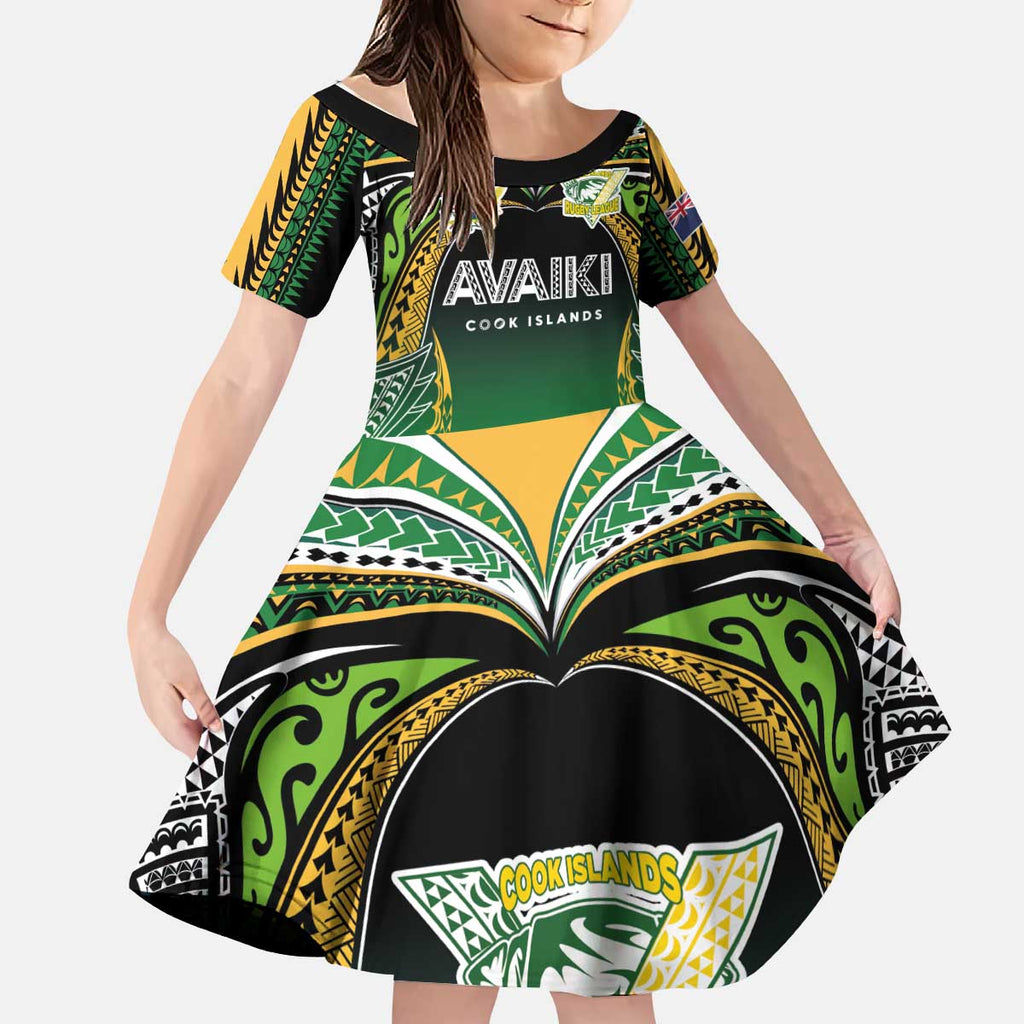 Custom Cook Islands Rugby League Kid Short Sleeve Dress Avaiki Tatau Tribal Motifs Black Color - Aussie Hoodie