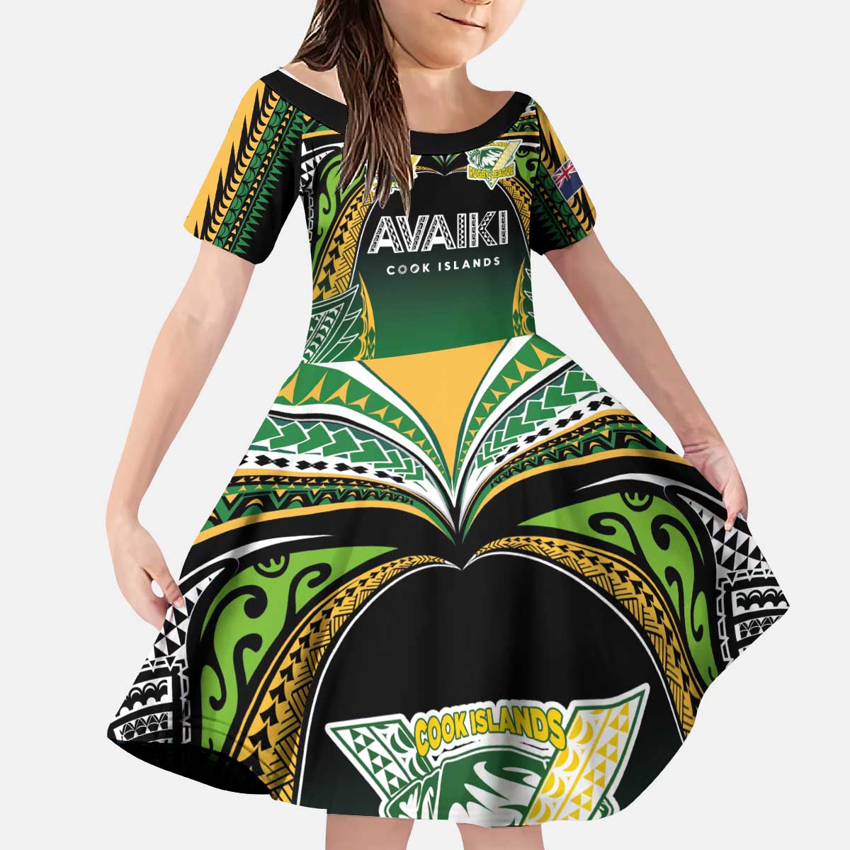 Custom Cook Islands Rugby League Kid Short Sleeve Dress Avaiki Tatau Tribal Motifs Black Color - Aussie Hoodie