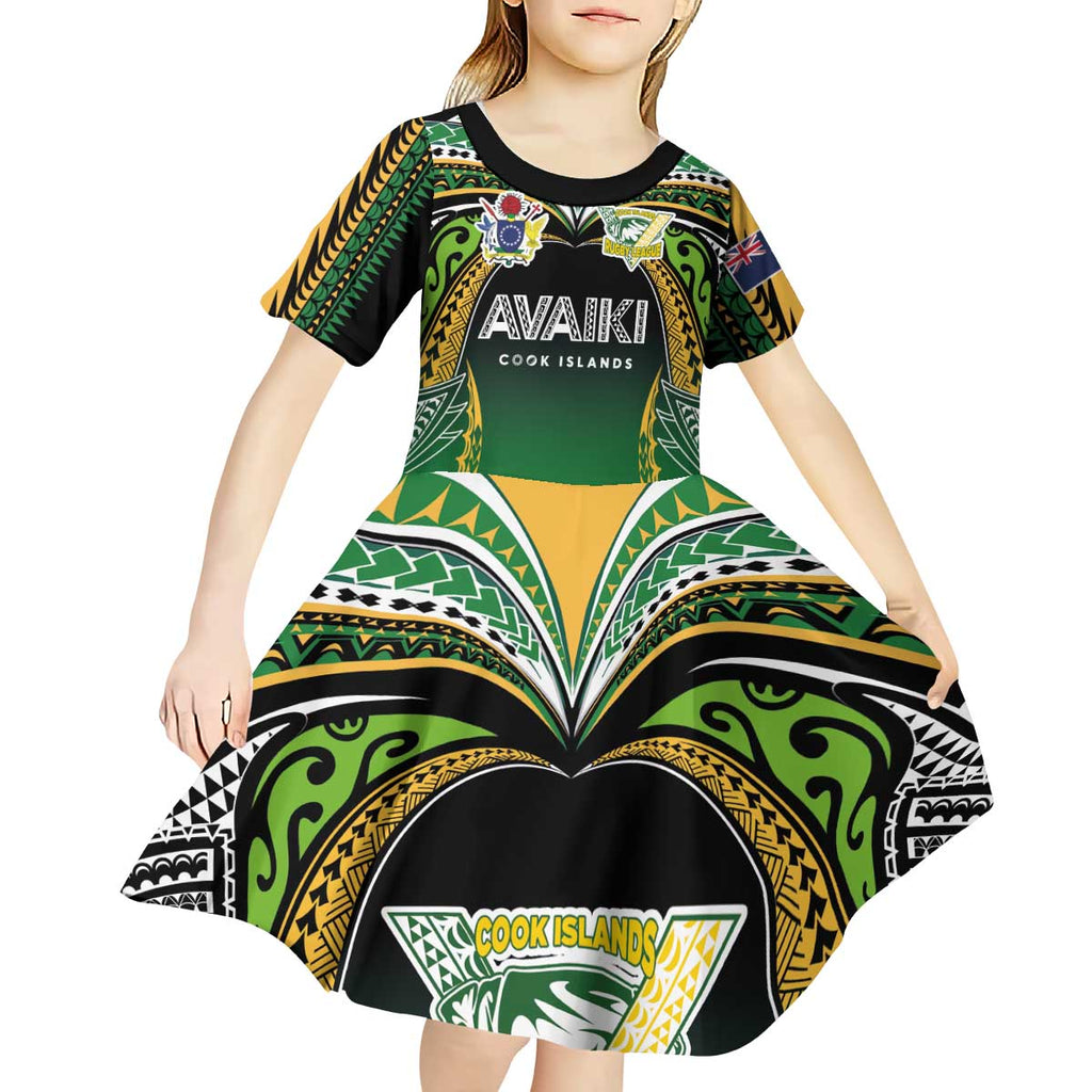 Custom Cook Islands Rugby League Kid Short Sleeve Dress Avaiki Tatau Tribal Motifs Black Color - Aussie Hoodie