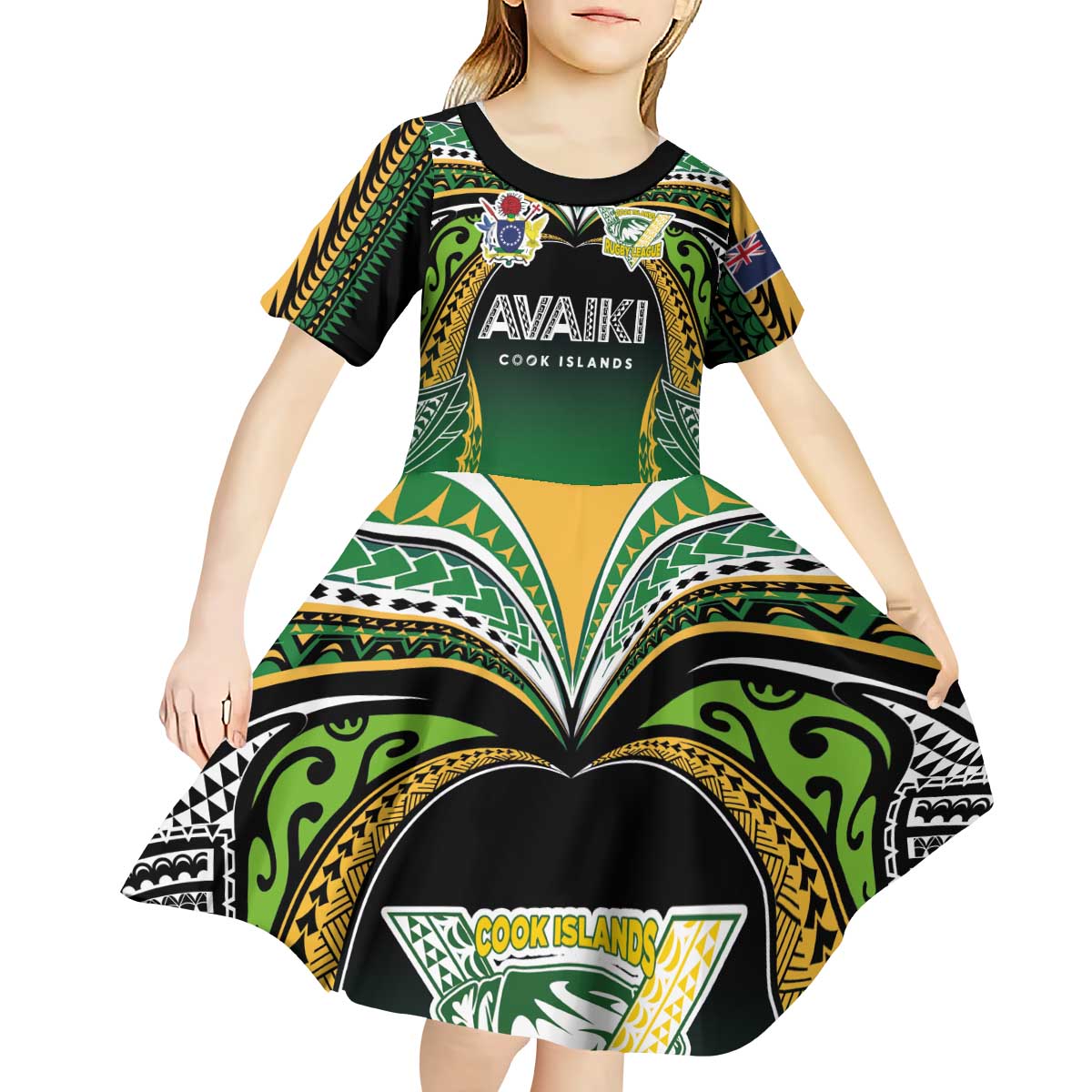 Custom Cook Islands Rugby League Kid Short Sleeve Dress Avaiki Tatau Tribal Motifs Black Color - Aussie Hoodie