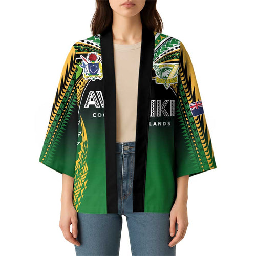 Custom Cook Islands Rugby League Kimono Avaiki Tatau Tribal Motifs Black Color - Aussie Hoodie