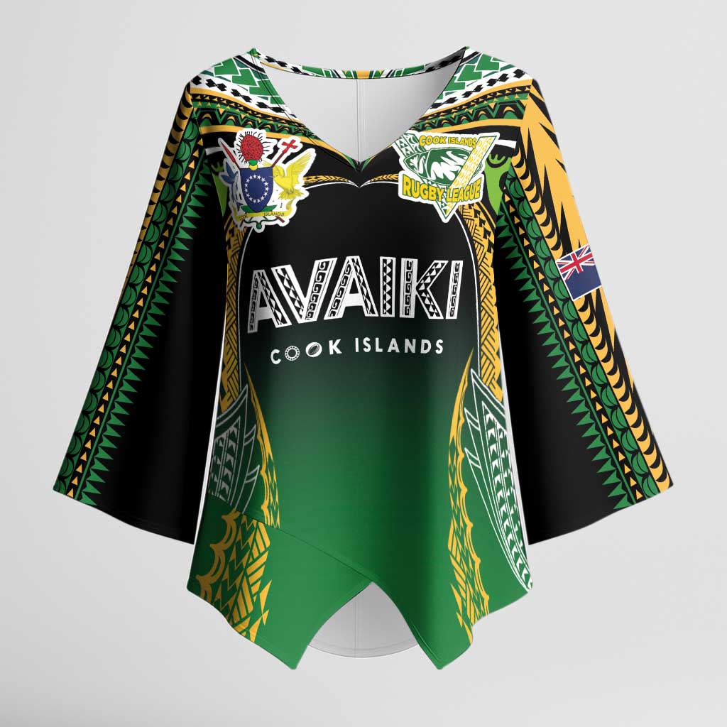 Custom Cook Islands Rugby League Kimono Sleeve Blouse Avaiki Tatau Tribal Motifs Black Color - Aussie Hoodie