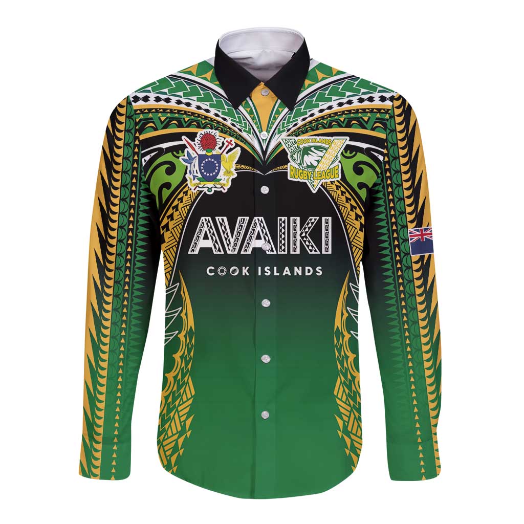 Custom Cook Islands Rugby League Long Sleeve Button Shirt Avaiki Tatau Tribal Motifs Black Color - Aussie Hoodie