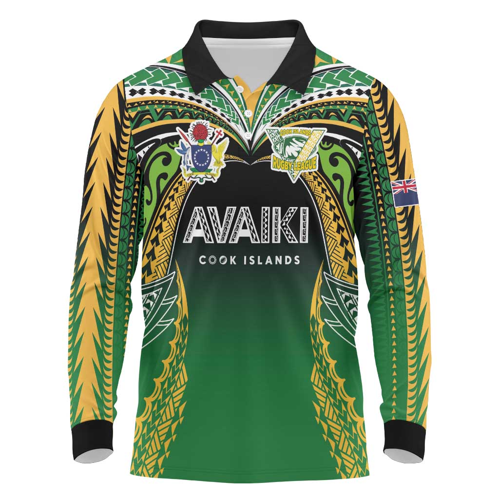Custom Cook Islands Rugby League Long Sleeve Polo Shirt Avaiki Tatau Tribal Motifs Black Color - Aussie Hoodie
