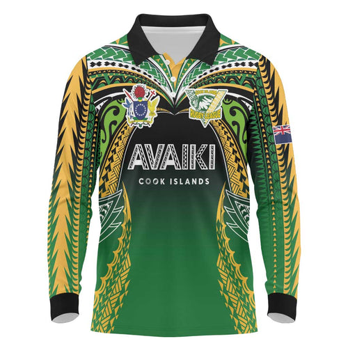 Custom Cook Islands Rugby League Long Sleeve Polo Shirt Avaiki Tatau Tribal Motifs Black Color - Aussie Hoodie
