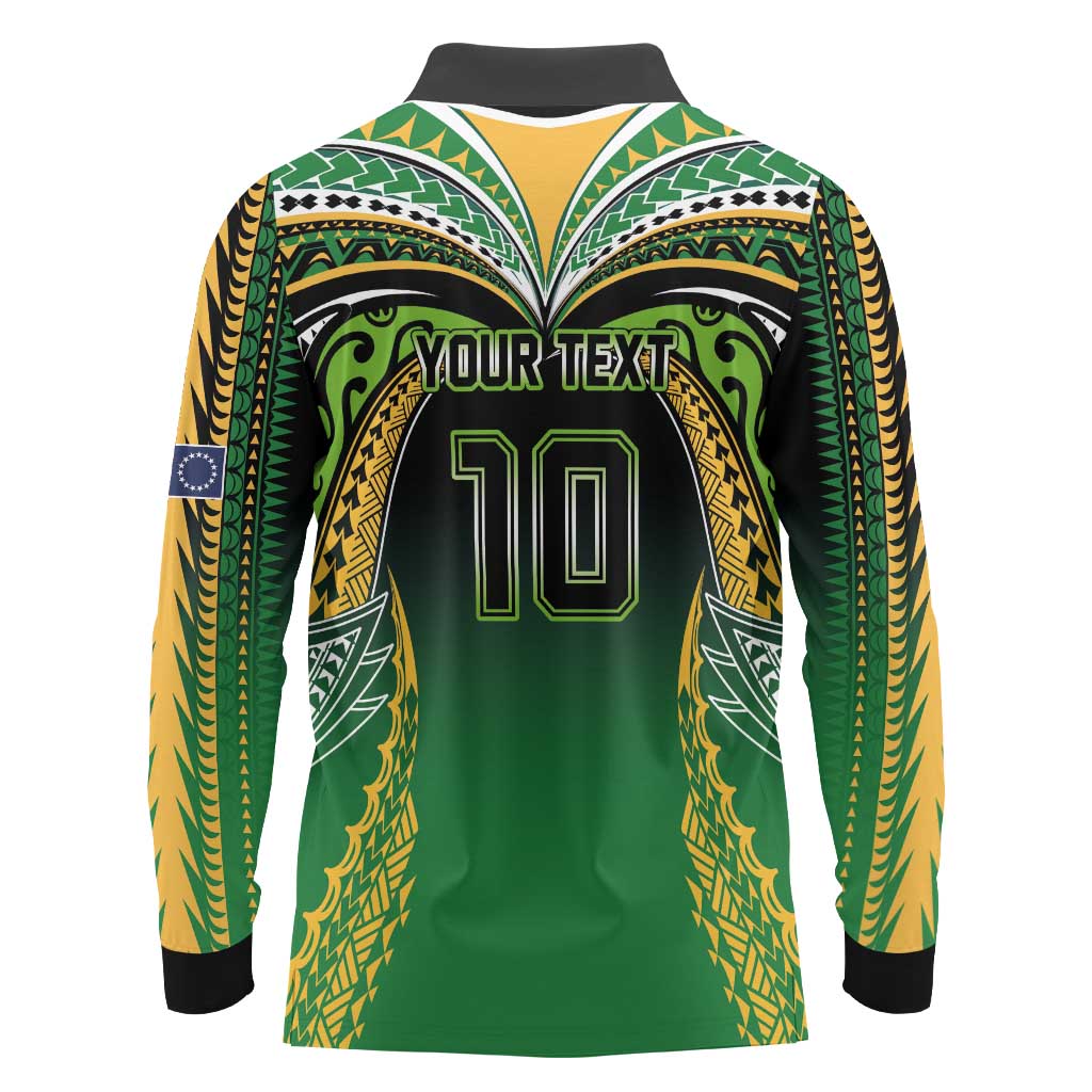 Custom Cook Islands Rugby League Long Sleeve Polo Shirt Avaiki Tatau Tribal Motifs Black Color - Aussie Hoodie