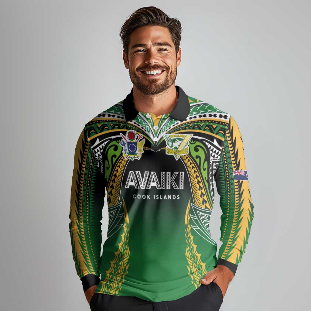 Custom Cook Islands Rugby League Long Sleeve Polo Shirt Avaiki Tatau Tribal Motifs Black Color - Aussie Hoodie